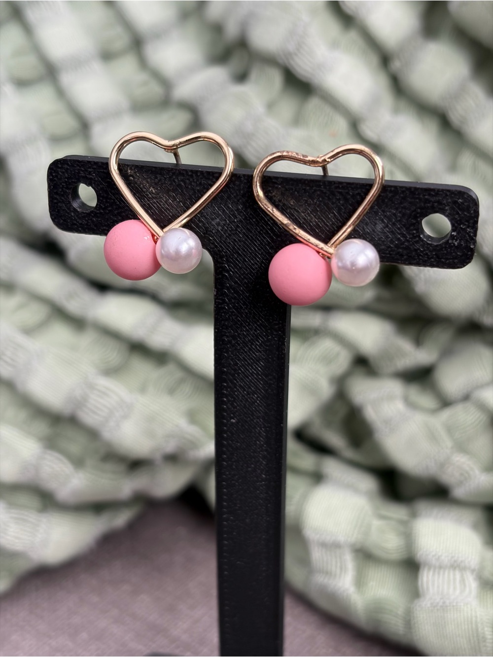 Gold-Tone Open Heart Pink Bead Faux Pearl Earrings